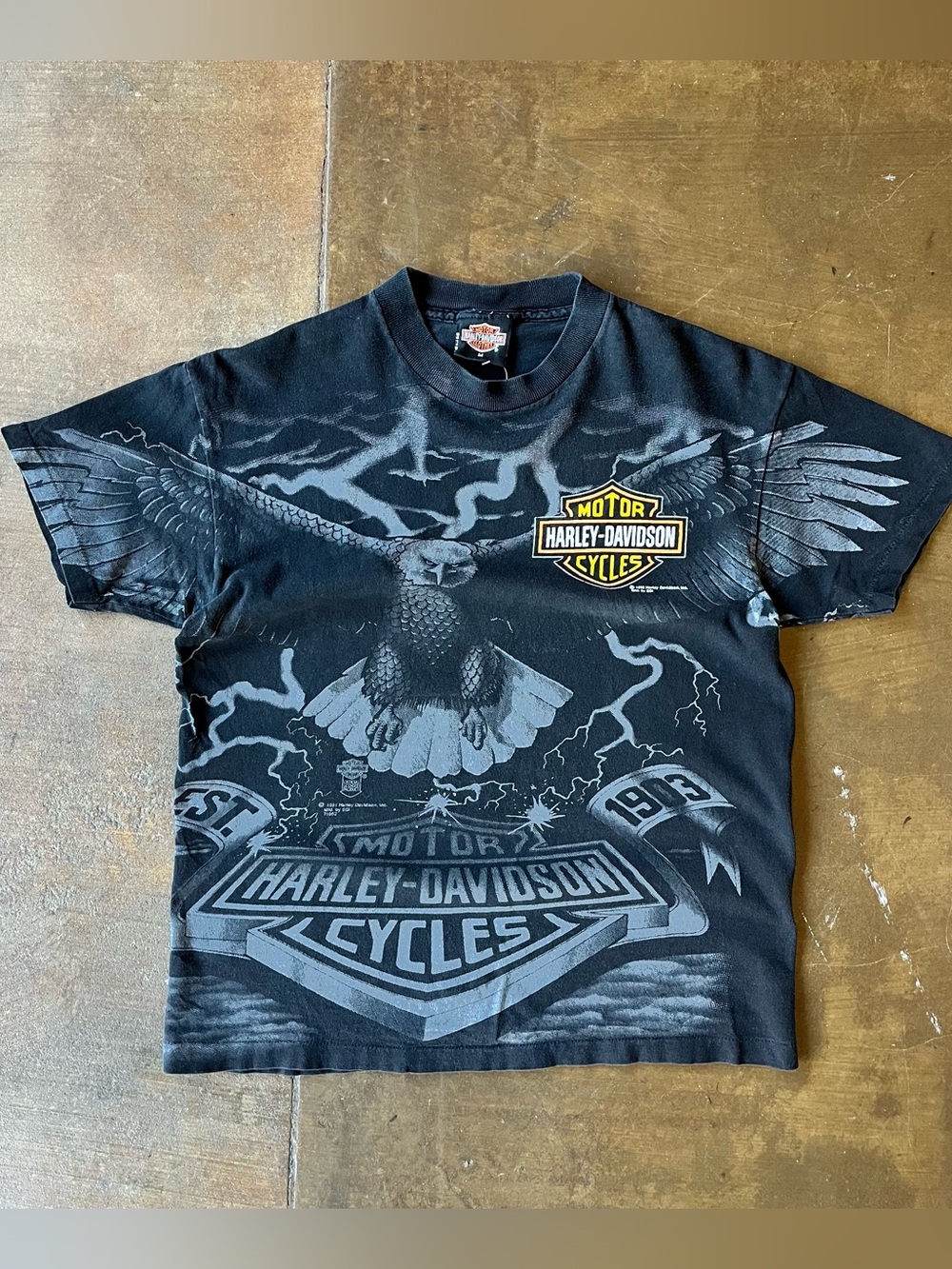 Vintage 1992 Harley Davidson AOP Eagle Print SSI Design T-Shirt Single Stitch M